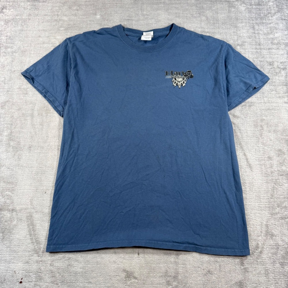 Harley Davidson Shirt Mens Large Blue 2012 Biker Double Sided Skeleton Gothic